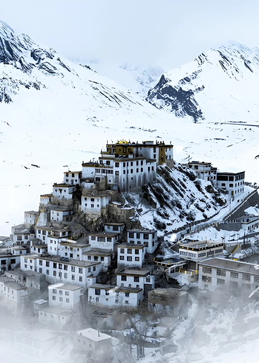 Spiti Valley high-altitude desert landscape with Key Monastery on a rocky hilltop