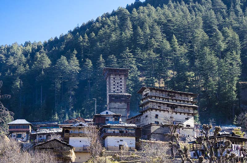 Chehni Kothi tower — kath-khuni stonework and wooden beams rising above Bini village, Jibhi